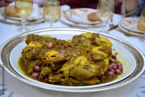 Moroccan chicken with lemon and olives is served at weddings