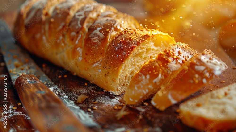 A loaf of bread with a knife on it, and a few slices missing A loaf of bread with a knife on it, and a few slices missing