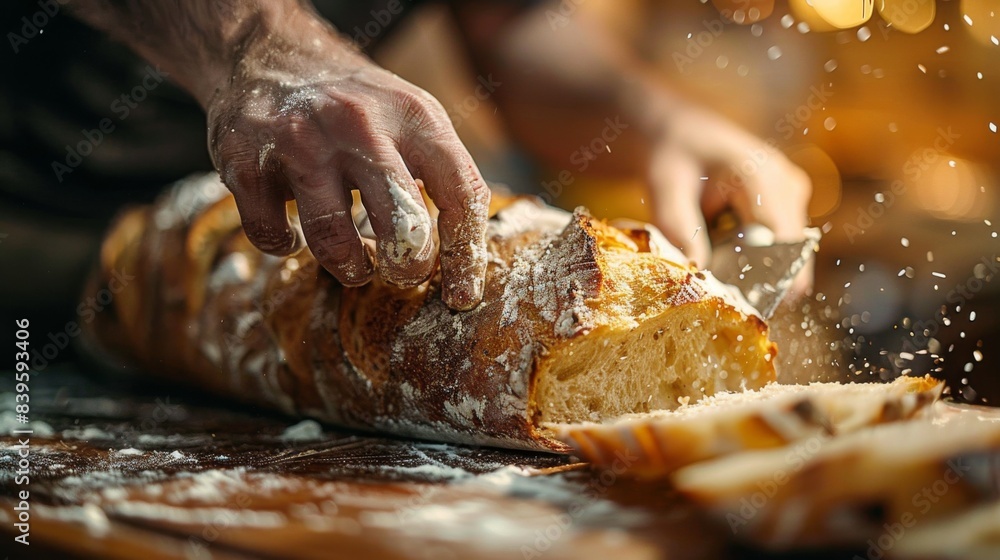 A man is cutting a loaf of bread with a knife A man is cutting a loaf of bread with a knife