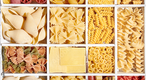 Italian pasta collection in wooden box photo