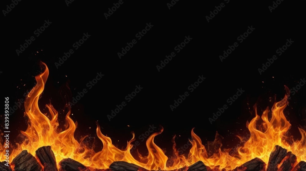 Fire flames on black background. Detail of fire sparks isolated on black background. Fire background Fire flames on black background. Detail of fire sparks isolated on black background. Fire background