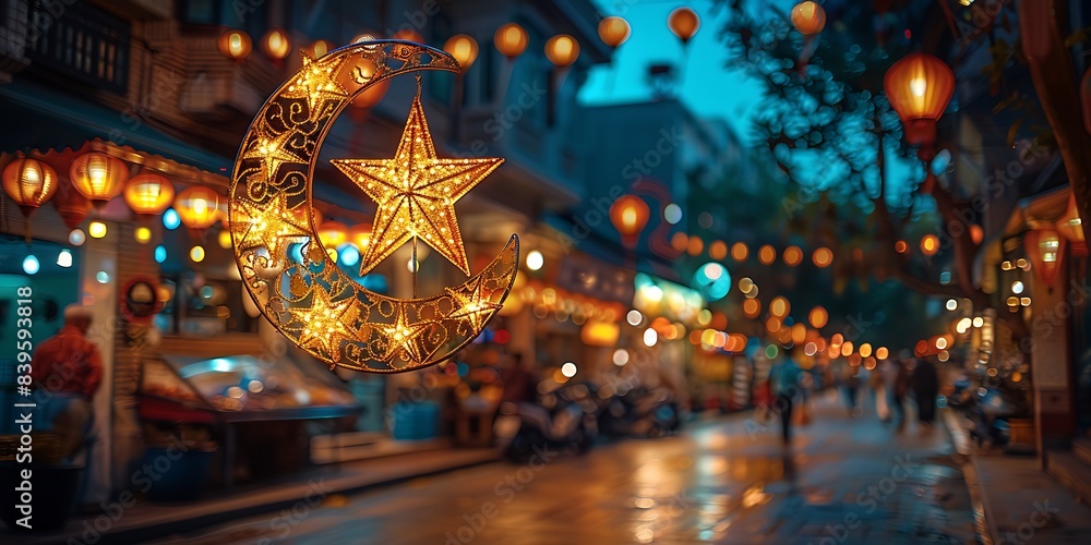 star crescent decoration shining brightly over bustling EidalAdha market captured highspeed camera freeze the lively activities and create a vibrant scene using advanced clarity and detail enhancement star crescent decoration shining brightly over bustling EidalAdha market captured highspeed camera freeze the lively activities and create a vibrant scene using advanced clarity and detail enhancement