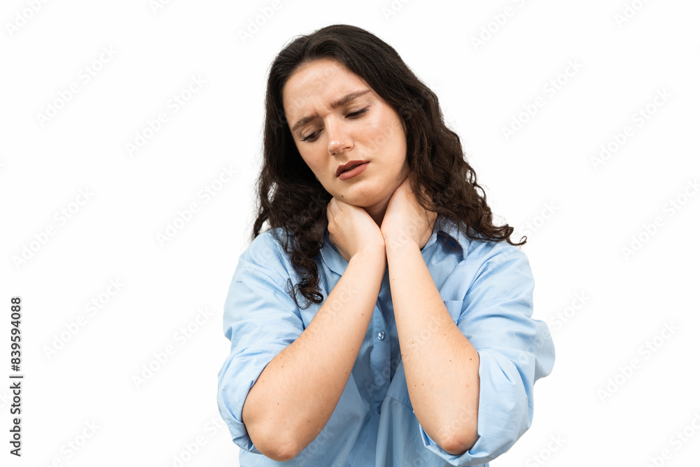 Laryngitis first symptoms throat ache. Sick attractive girl touches throat with pain. Seasonal illness medecine. Laryngitis first symptoms throat ache. Sick attractive girl touches throat with pain. Seasonal illness medecine.