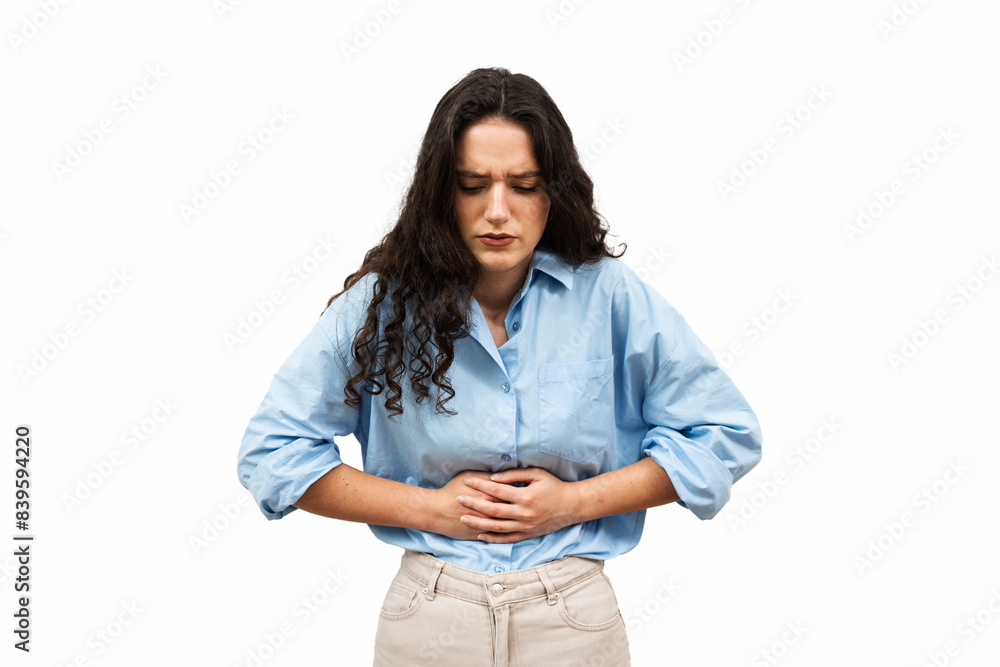 Gastritis is inflammation of the lining of the stomach of young woman. Attractive Girl Touches Her Abdomen Because Of Stomach Ulcer. Gastritis is inflammation of the lining of the stomach of young woman. Attractive Girl Touches Her Abdomen Because Of Stomach Ulcer.