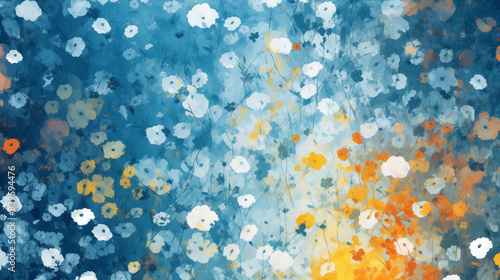 Watercolor white, blue and orange flowers background