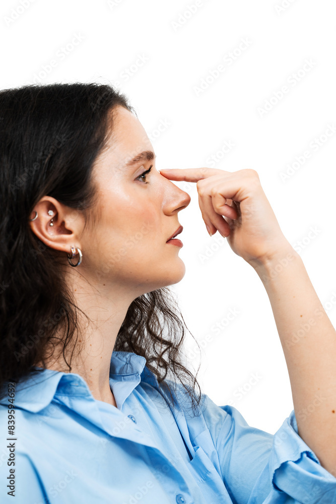 Attractive Girl Touches Her Nose Before Septoplasty. Rhinoplasty To Reshape The Nose And Improve Breathing. Attractive Girl Touches Her Nose Before Septoplasty. Rhinoplasty To Reshape The Nose And Improve Breathing.