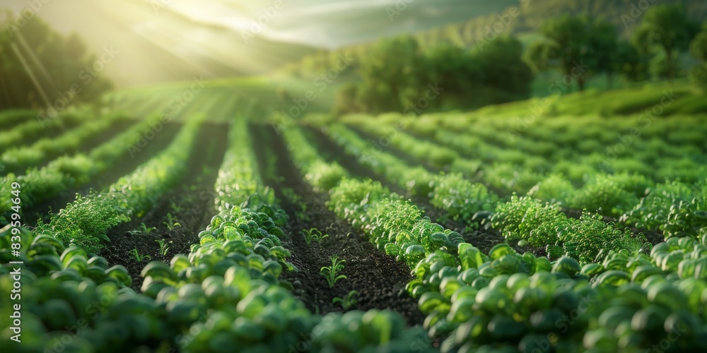 A field of green plants with a bright sun shining on them A field of green plants with a bright sun shining on them