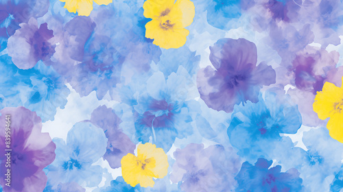 A watercolor painting of blue and purple flowers on a white background
