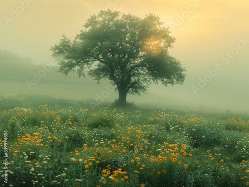 Solitary Tree in Lush Green Meadow - Double Exposure Silhouette with Copy Space.