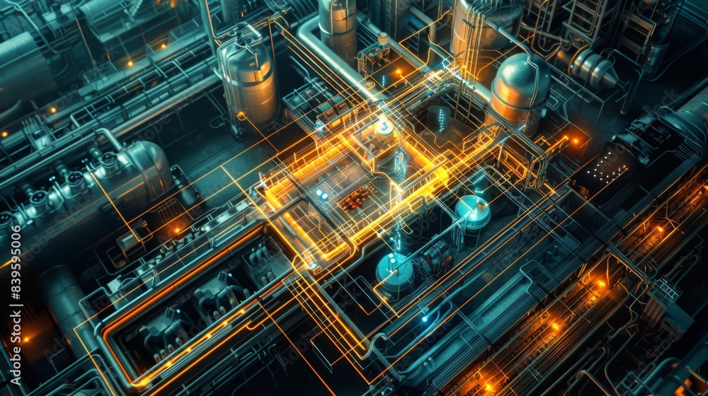 A futuristic industrial scene with many pipes and tanks A futuristic industrial scene with many pipes and tanks