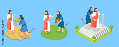 3D Isometric Flat Vector Illustration of Christ Tempted by Devil, Biblical Scenes