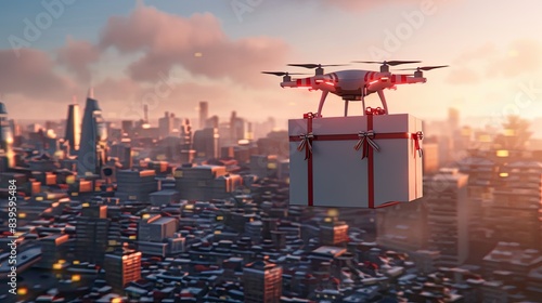 A white drone carrying red and black gift boxes flying over the city with a blurred background.