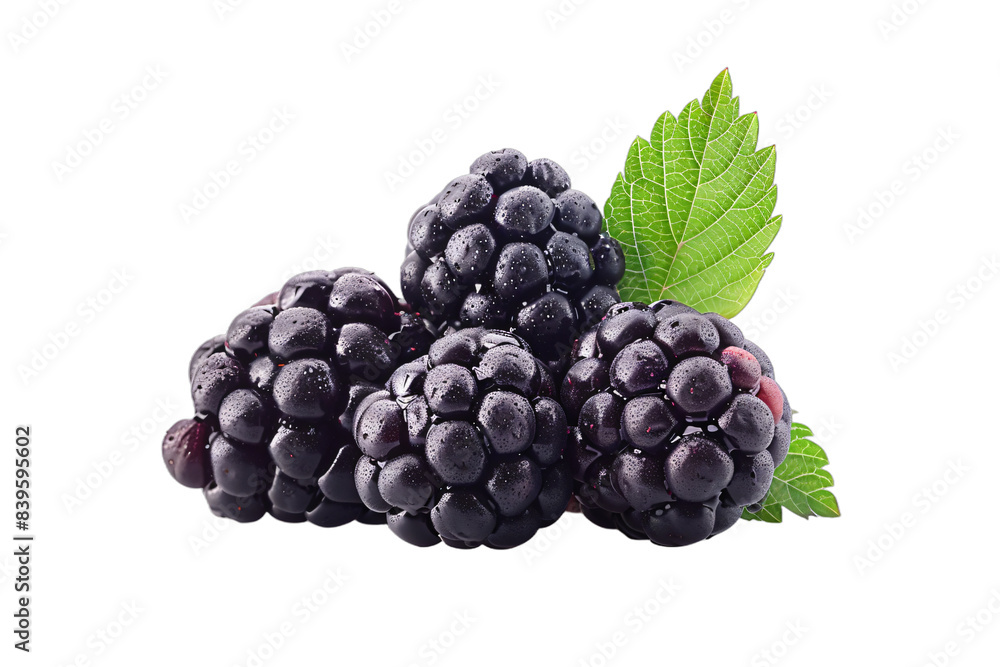 Fototapeta premium Blackberries and leaves on dark backdrop