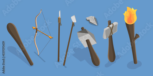 3D Isometric Flat Vector Set of Stone Age Tools, Prehistoric Weapons