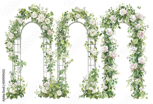 Watercolor green wedding venue arch landscape garden vector with blooming