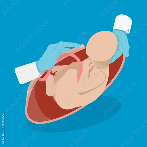 3D Isometric Flat Vector Illustration of Cesarean Section, Medical Surgery and Abdominal Incision
