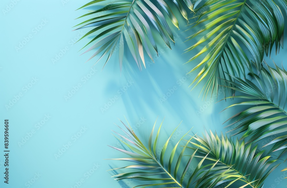 3D render of palm leaves on a blue background, summer wallpaper template for banner design 3D render of palm leaves on a blue background, summer wallpaper template for banner design