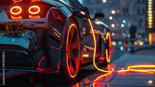 Electric car connected to glowing red charger