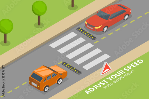 3D Isometric Flat Vector Illustration of Safety Car Driving Rules, Speed Bump Ahead Warning Sign