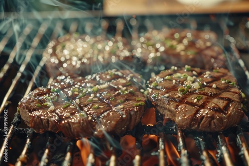 Grilling a beef steak in a grill , barbeque , BBQ , sizzling