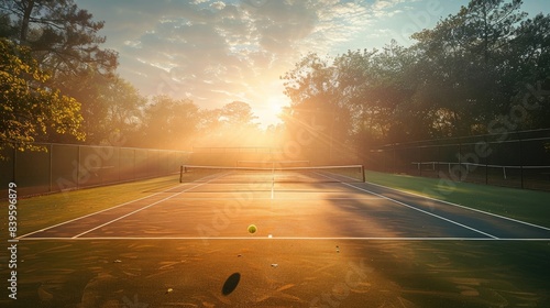 A pristine tennis court, bathed in the soft glow of morning light, awaits the first match of the day. photo