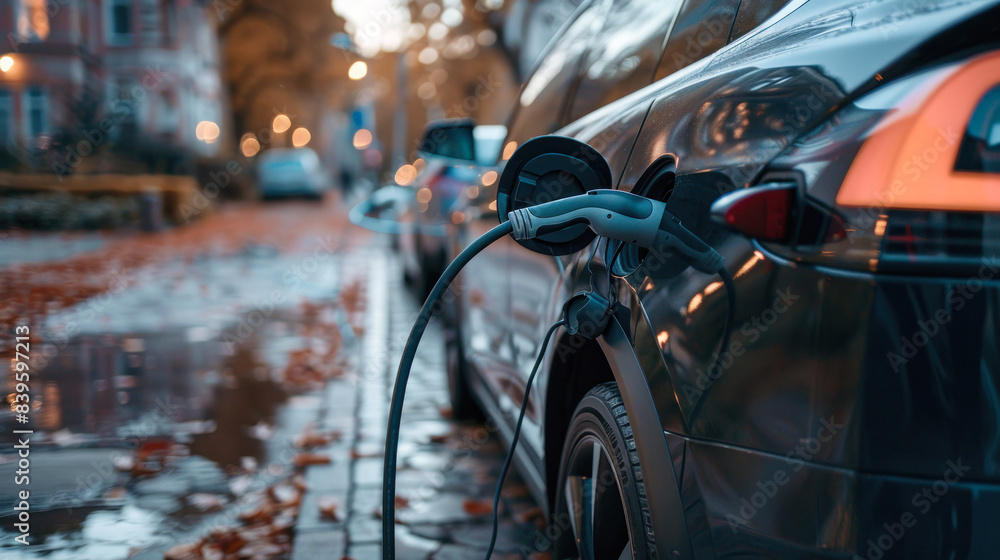 Naklejka premium EV charging on a wet city street