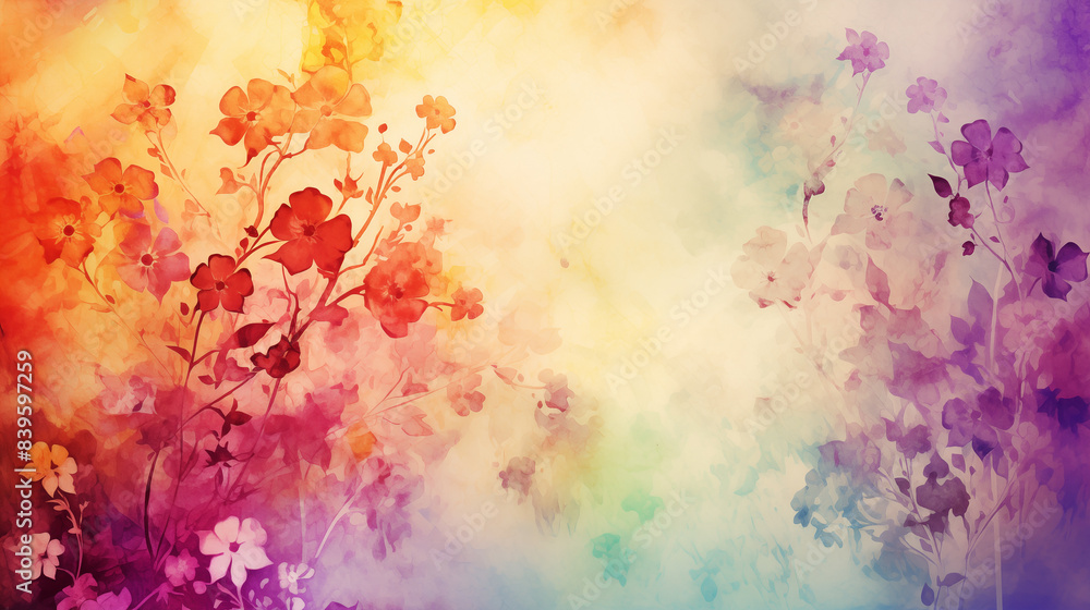 Beautiful watercolor painting of pink, red, and purple flowers on a soft yellow background Beautiful watercolor painting of pink, red, and purple flowers on a soft yellow background