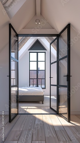 bedroom with bed and black metal frame glass doors, white walls and wooden floor in the attic of an old house, scandinavian interior design
