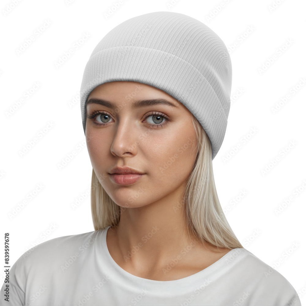 An image of a Woman with White Beanie Hat Mockup isolated on a white background An image of a Woman with White Beanie Hat Mockup isolated on a white background