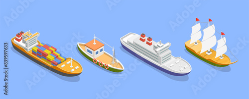 3D Isometric Flat Vector Set of Maritime Ships, Water Transportation Boats