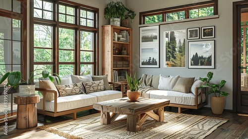 A cozy Craftsman living room with light gray walls and dark hardwood flooring The room includes a wooden sofa with patterned cushions © Suphakorn
