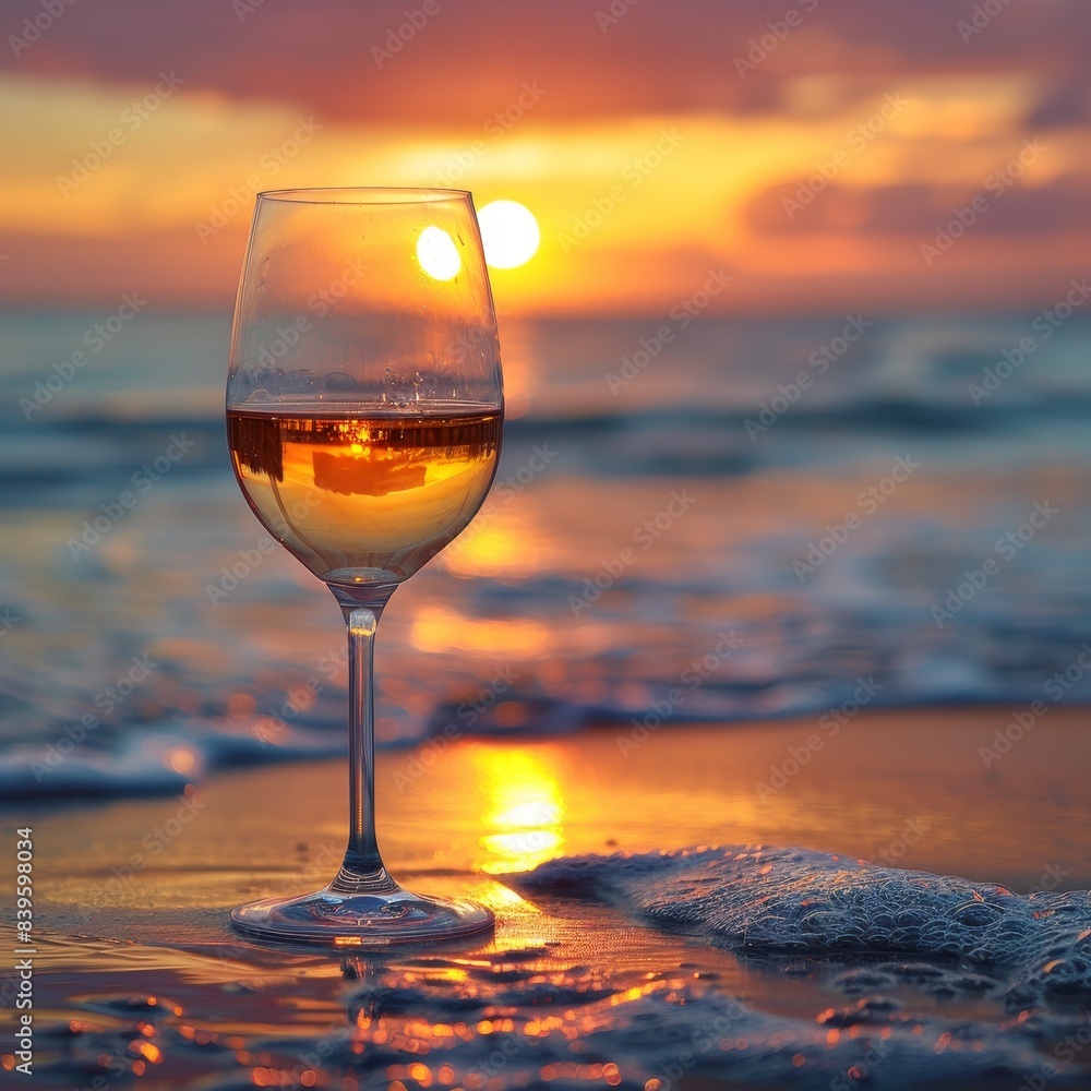 a wine glass, capturing the sunset's beauty by the ocean