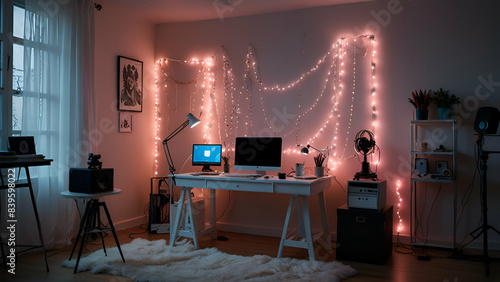 laxuary and colourful lights interior room with pc and laptop and other things photo