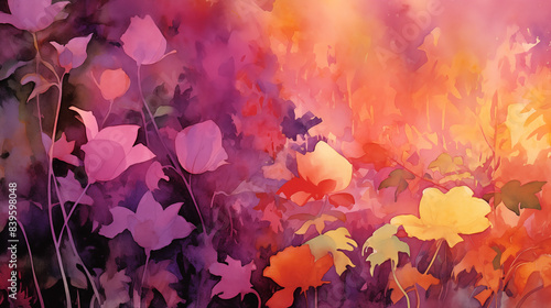 A watercolor painting of a colorful flower garden with pink, orange, and yellow flowers