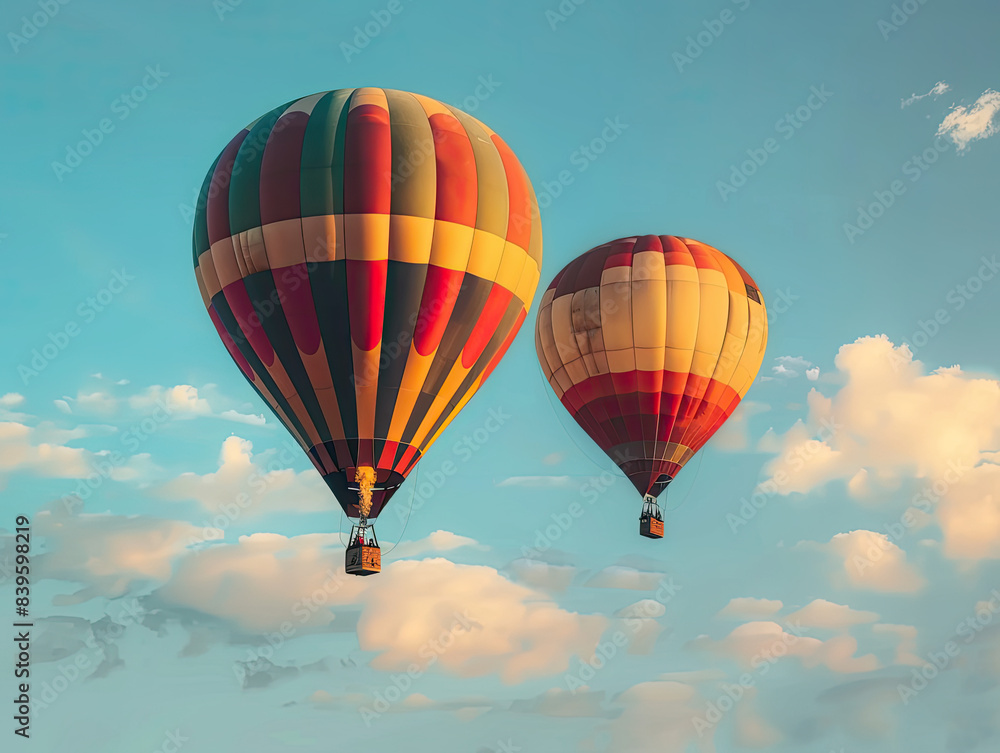 Naklejka premium hot air balloon, of the sky flight in colorful summer sunset flying, adventure, travel in yellow and red balloons sport over the blue sky