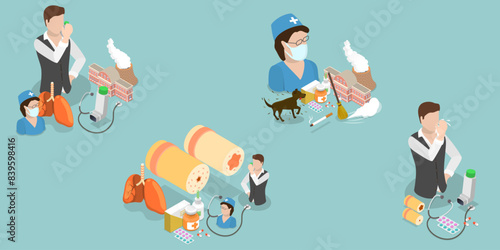 3D Isometric Flat Vector Illustration of Bronchial Asthma, Inhalation Medicine