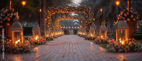 traditional Islamic archway decorated flowers lights for EidalAdha providing a stunning background for family photos captured with a wideangle lens to show the intricate designs and festive atmosphere