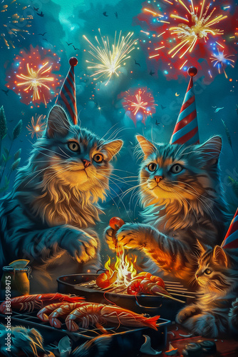 Illustration of cats celebrating Fourth of July by grilling seafood