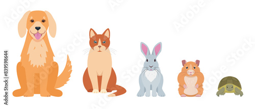 Set of happy pets. Dog, cat, rabbit, hamster and turtle home domestic animals. Vector icons illustration isolated on white background.
