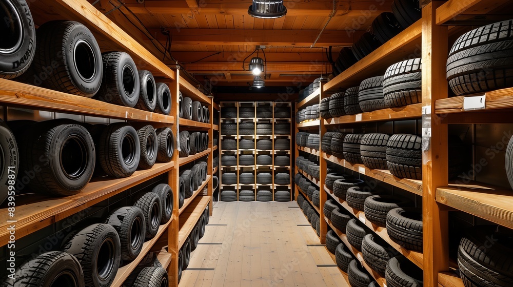 Storage room for automobile tires with various wooden shelves. Storing car tires between seasons. Storage room for automobile tires with various wooden shelves. Storing car tires between seasons.