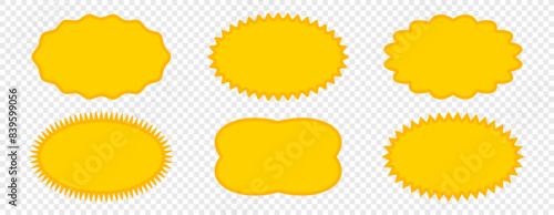 Vector illustration of a yellow star-shaped price tag or quality mark sticker with a promotional sale stars or sunburst label icon. It serves as a blank design template