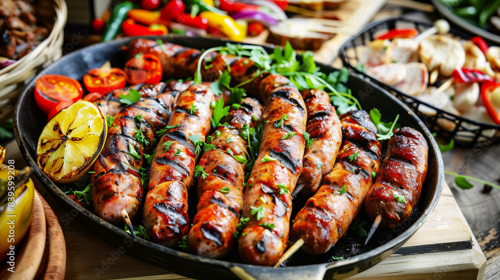 Grilling spicy meat sausages with vegetables and parsley lying in a metal plate against a background of summer vegetables close-up. Grilling spicy meat sausages with vegetables and parsley lying in a metal plate against a background of summer vegetables close-up.