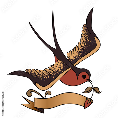 Old-school styled tattoo with a swallow and a banner ribbon. Editable vector illustration.