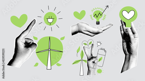  The concept of ESG - Environmental, social, and corporate governance. Green business and technology set. Vector illustration in retro style. 