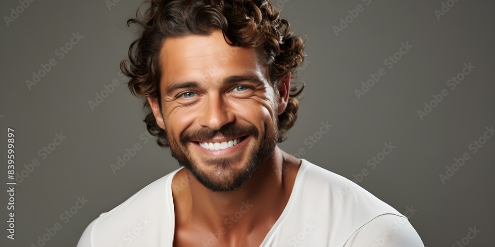 Obraz premium Portrait of a male model smiling in a studio setting. Concept Studio Portrait, Male Model, Smiling, Professional Lighting, Classic Look