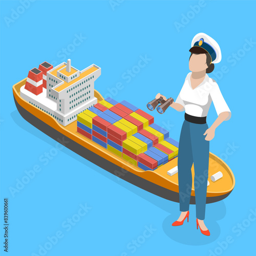 3D Isometric Flat Vector Illustration of Woman Ship Captain, Seatime and Marine Life