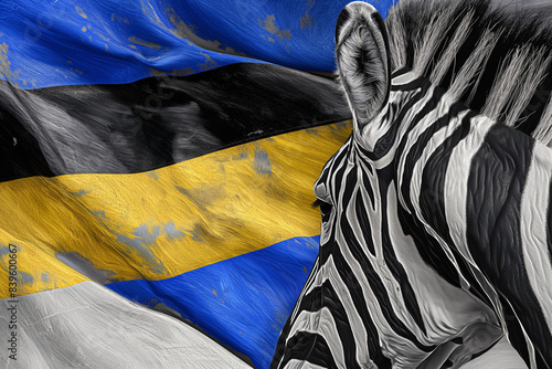 zebra in the city, A high-definition, super realistic image of the Botswana flag in blue, black, and white, with a painting of a zebra in the foreground
