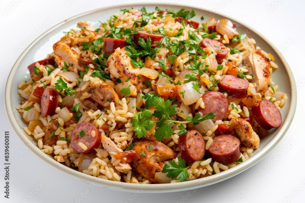Cajun Chicken and Sausage Jambalaya with Smoked Pork Sausage and Chicken Thigh Meat in a Flavorful Medley Cajun Chicken and Sausage Jambalaya with Smoked Pork Sausage and Chicken Thigh Meat in a Flavorful Medley
