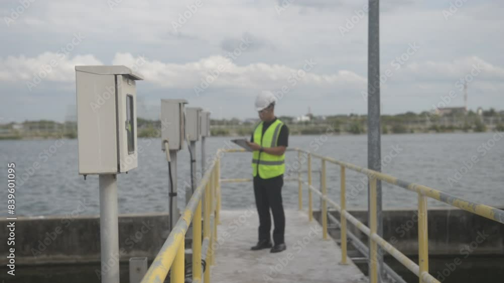 an engineer checking the valve gauge plumbing system and try to adjust the gauge to be the standard value and write it down on a clipboard, waste water treatment an engineer checking the valve gauge plumbing system and try to adjust the gauge to be the standard value and write it down on a clipboard, waste water treatment