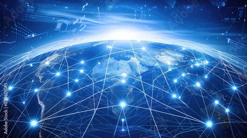 Abstract global network and connectivity concept, digital world with glowing connections on blue background.